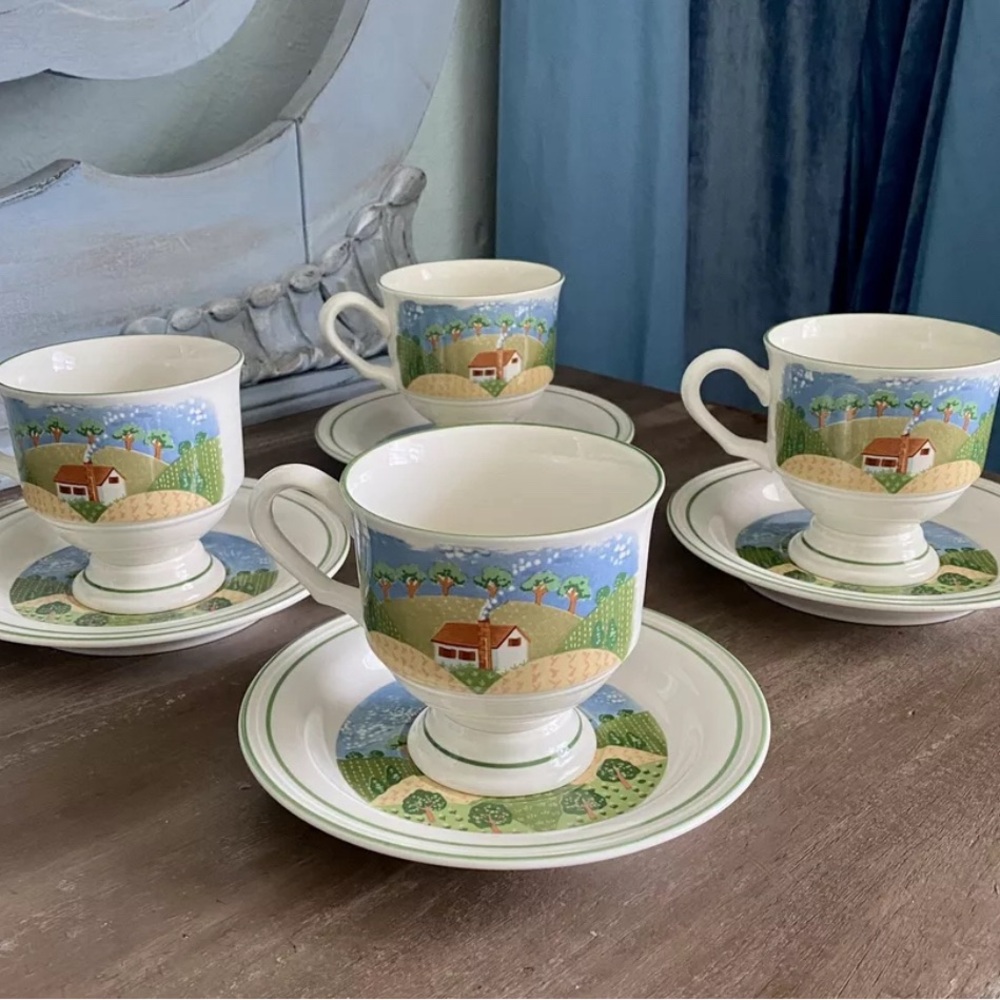 SANGOSTONE 1980s Country Cottage 3645 8-piece, 4 Serving cups & saucers set